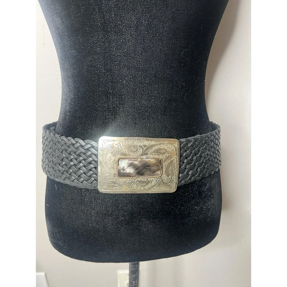 Motif 56 Wide Braided Leather Belt With Silver Buckle Vintage Medium